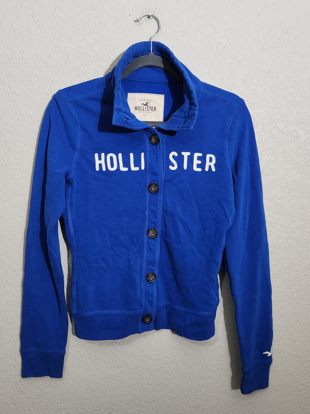 Hollister Royal Blue Button Up Logo Jacket Spell Out Y2K Applique Fleece